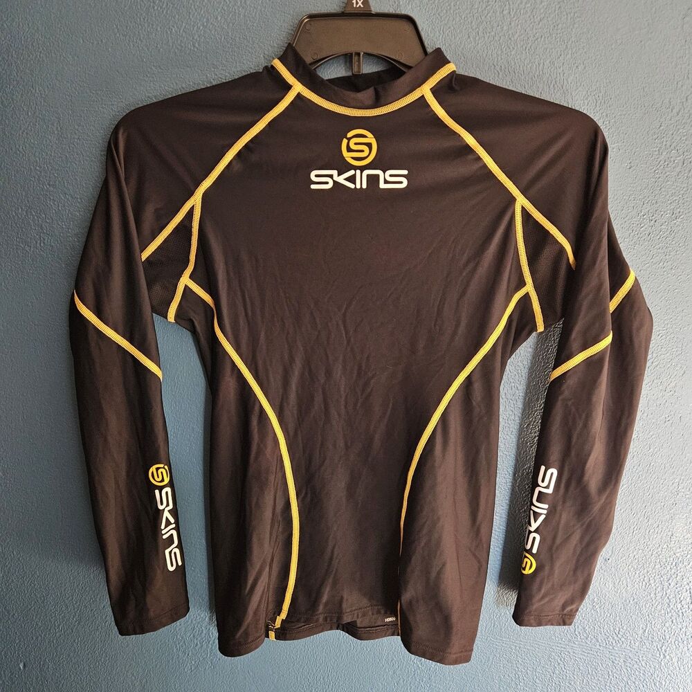 SKINS Compression Shirt BJJ No Gi Mens M Black Yellow LS Base Layer Jiu Jitsu